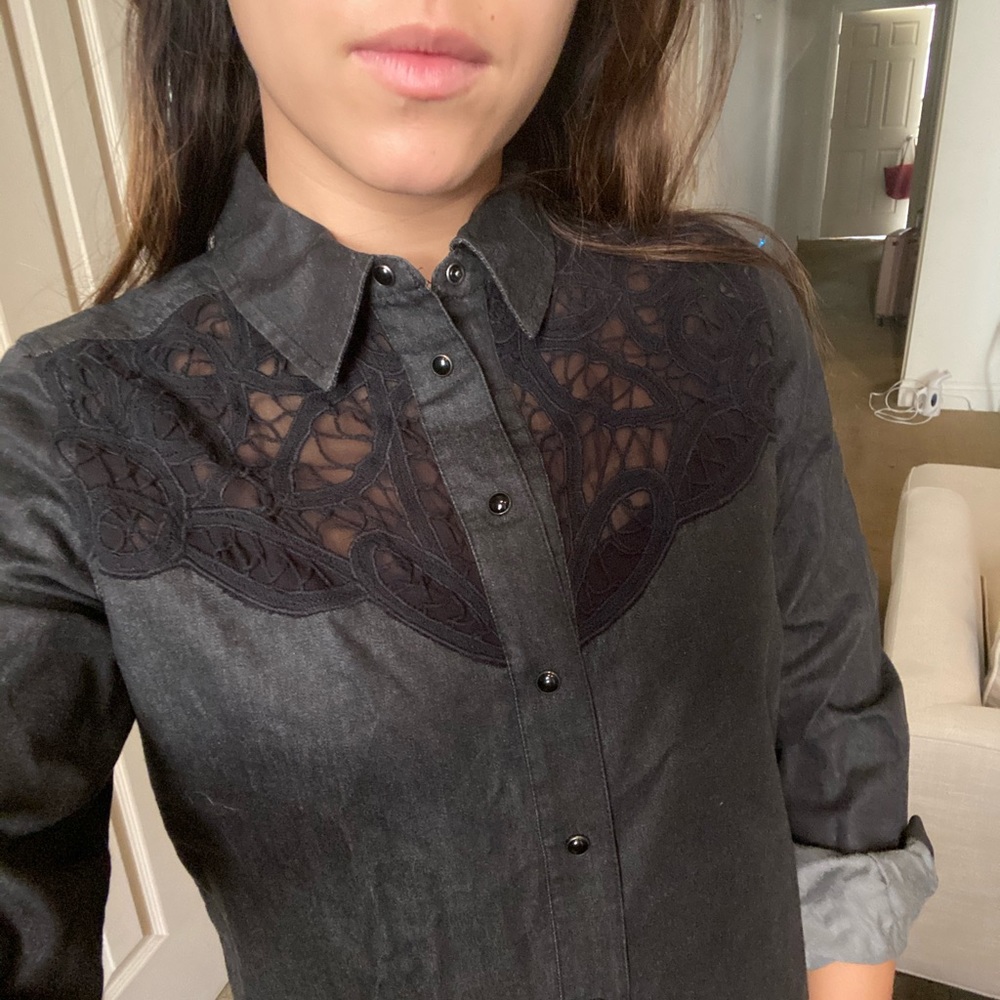 All saints denim dark wash button up w/ black lace